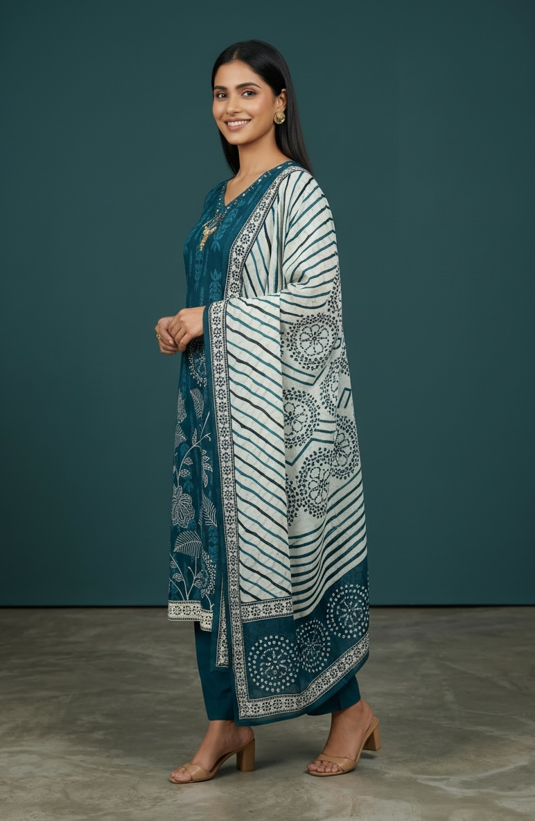 Premium Cotton Printed Kurta Set with Dupatta – Teal Blue Floral Ethnic Wear for Women