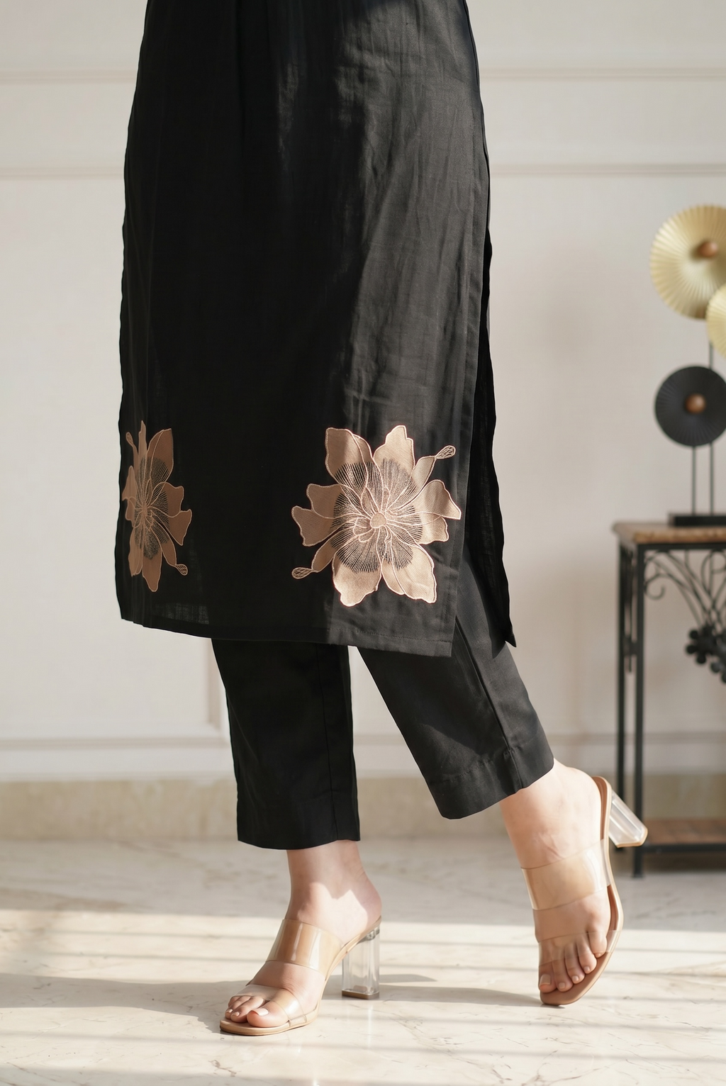 Black Cotton Kurta Pant Set with Gold Floral Detailing for Women