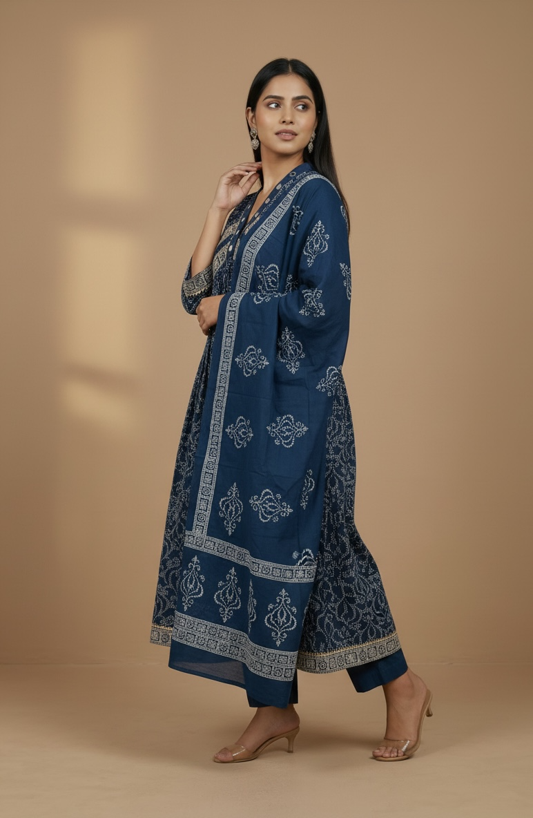 Premium Cotton Printed Anarkali Kurta Set with Dupatta – Blue Ethnic Wear for Women