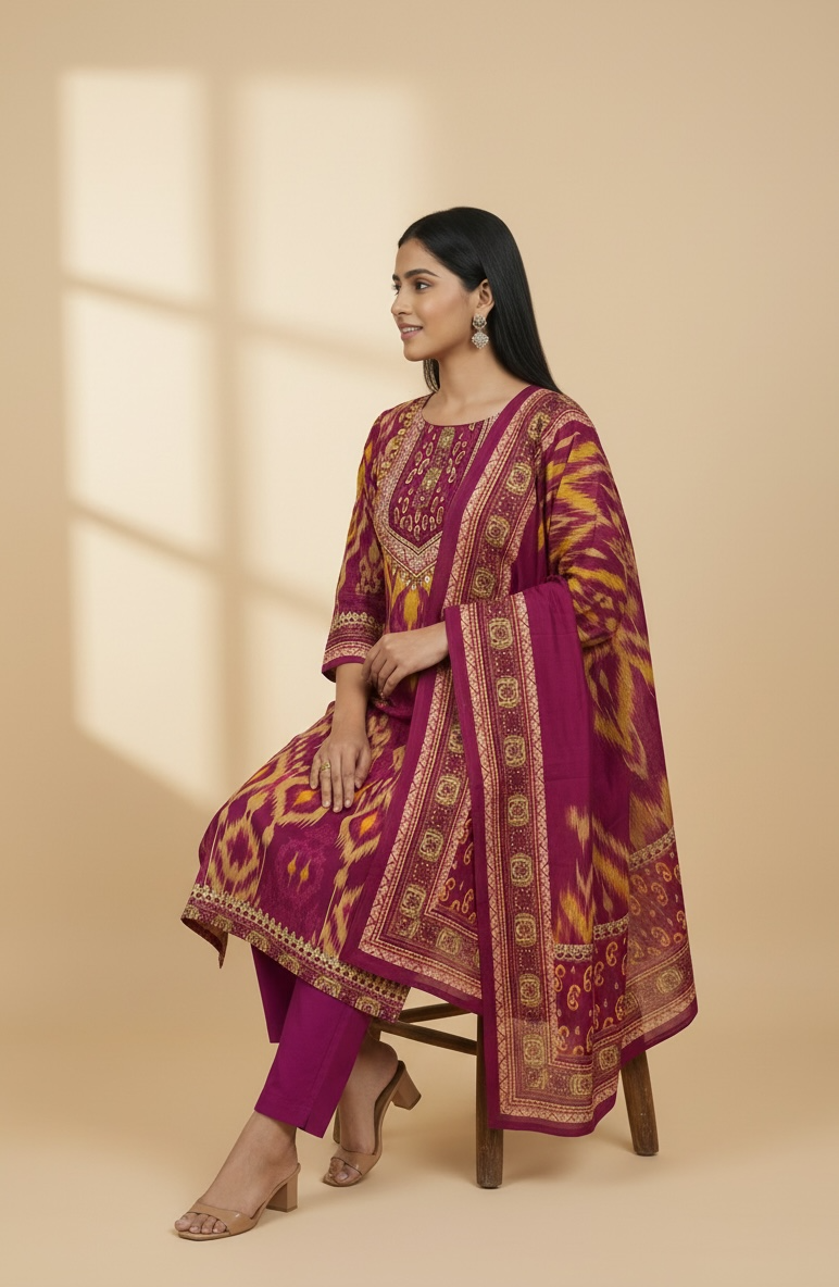 Magenta Ikat Print Premium Cotton Kurti Set with Dupatta