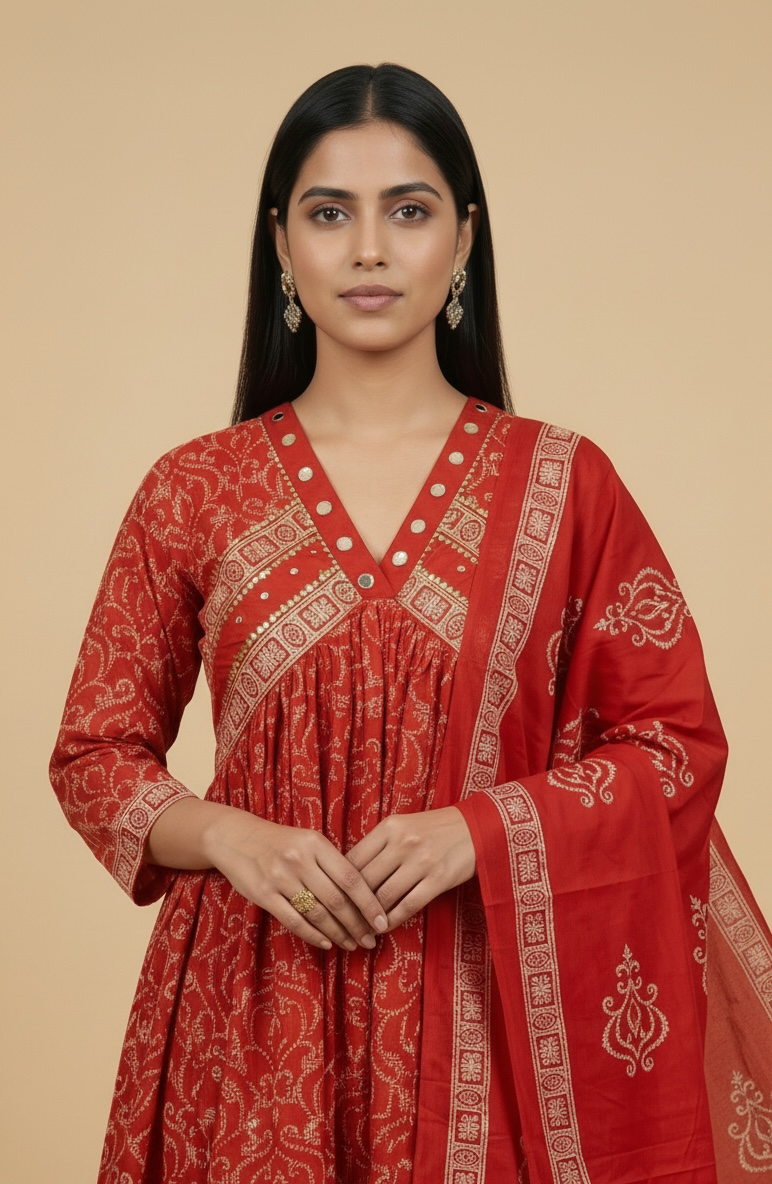 Premium Cotton Printed Anarkali Kurta Set with Dupatta – Red Ethnic Wear for Women