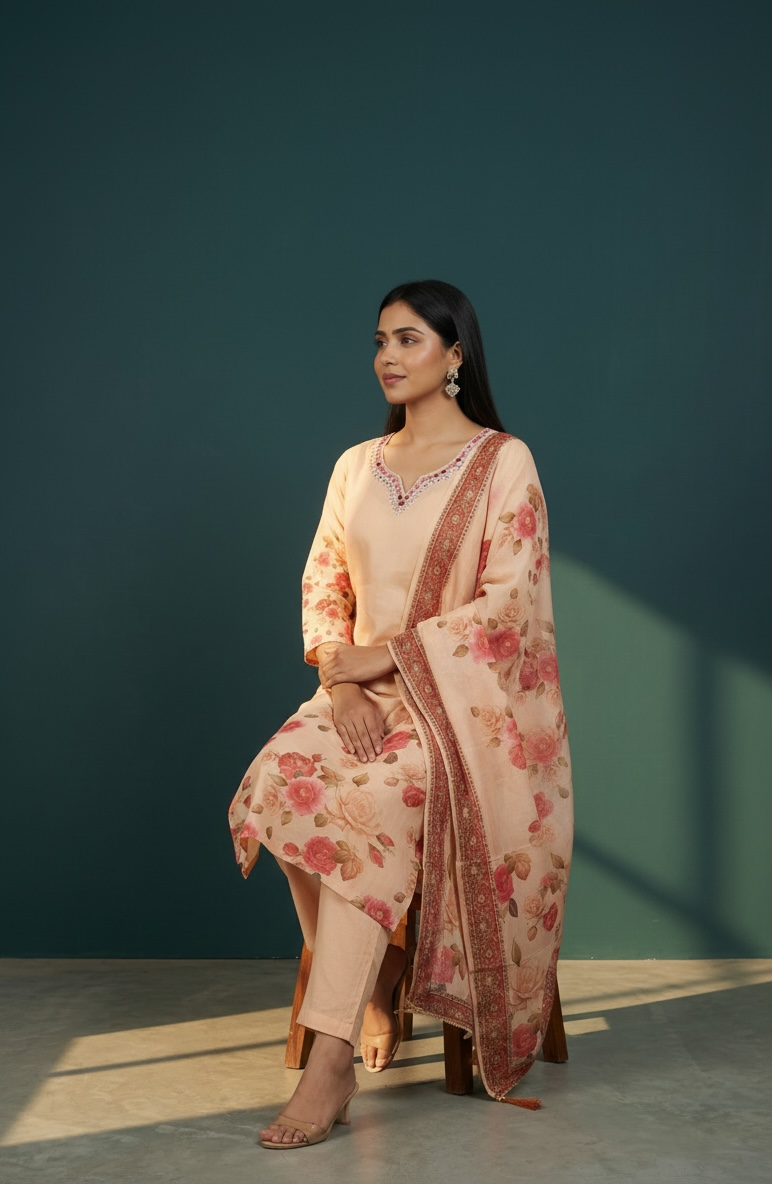 Premium Cotton Floral Printed Kurta Set with Dupatta and lining – Peach Ethnic Wear for Women