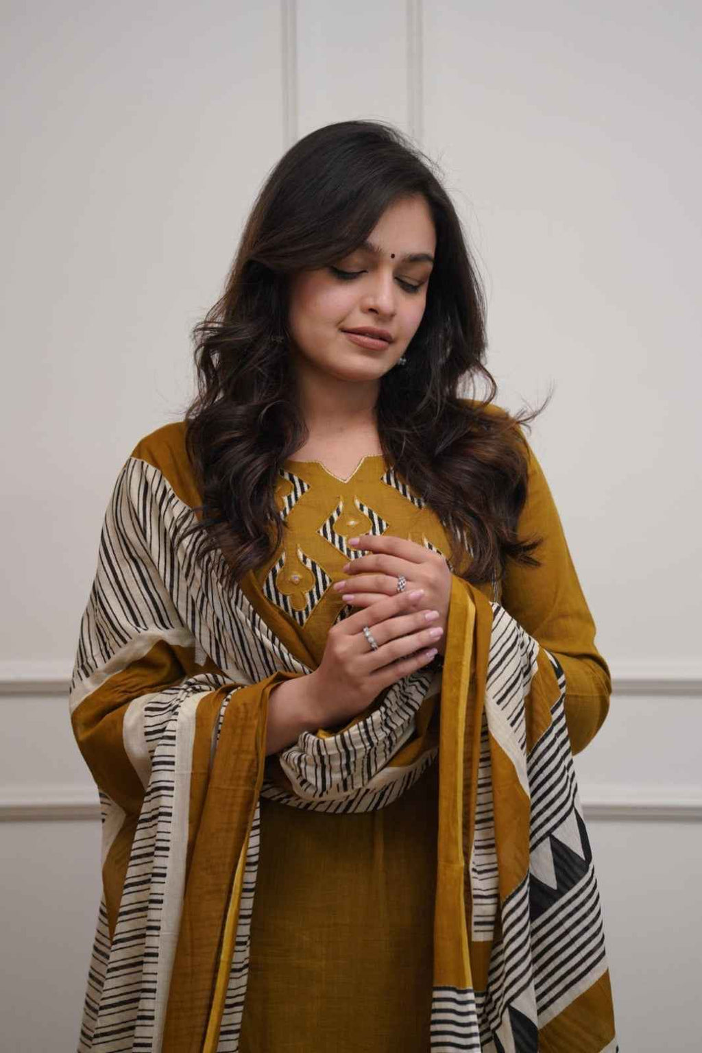Mustard Cotton Handloom Kurta Set with Printed Dupatta for Women