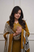 Mustard Cotton Handloom Kurta Set with Printed Dupatta for Women