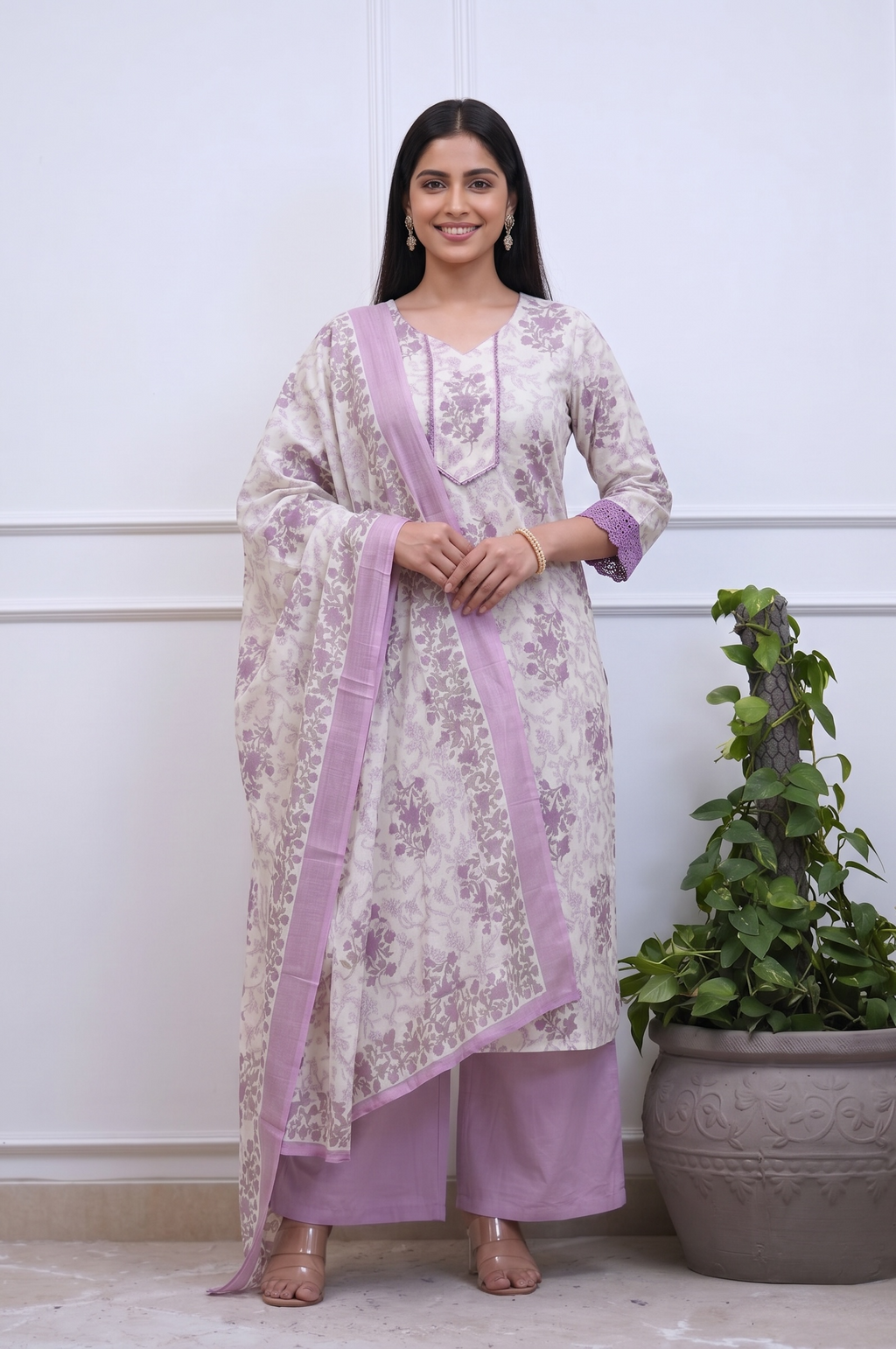 Lavender Floral Cotton Kurta Plazo Set for Women | Elegant Ethnic Wear