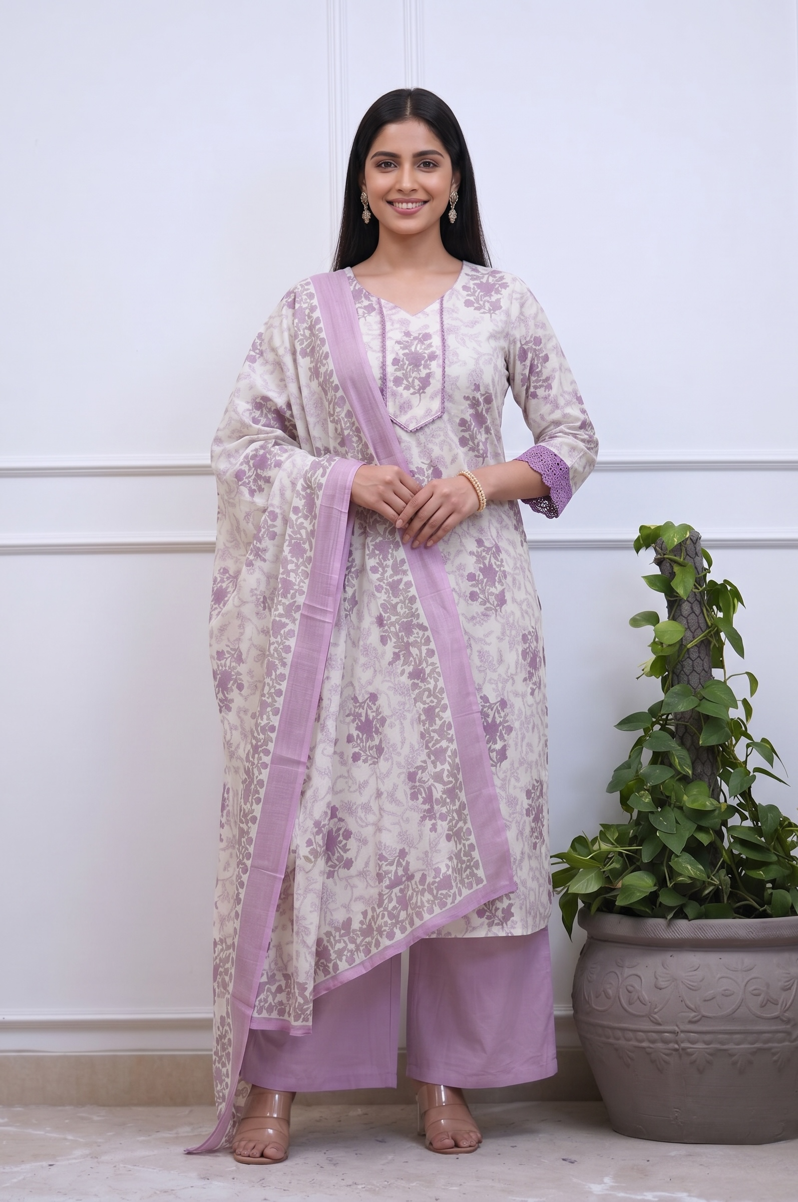 Lavender Floral Cotton Kurta Plazo Set for Women | Elegant Ethnic Wear