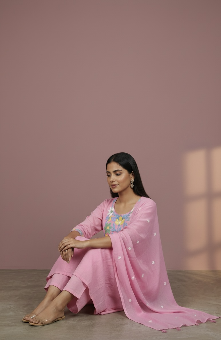 Premium Mul Cotton Embroidered Kurta Set with Dupatta with lining – Soft Pink Floral Ethnic Wear for Women