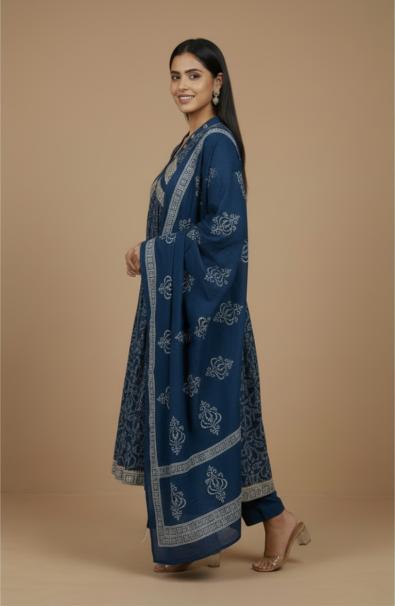 Premium Cotton Printed Anarkali Kurta Set with Dupatta – Blue Ethnic Wear for Women