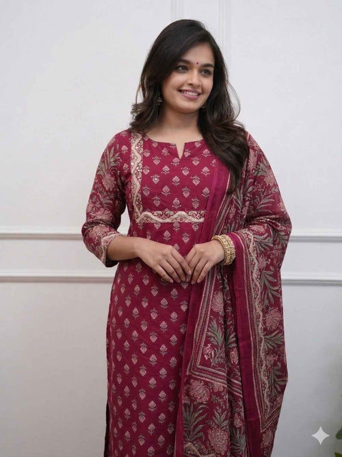 Maroon Premium Cotton Kurta Pant Set for Women