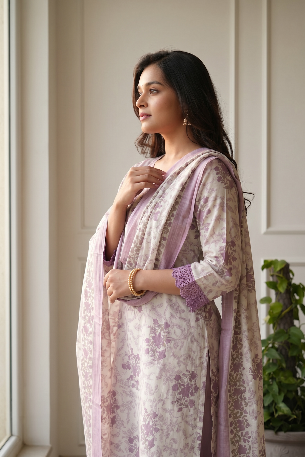 Lavender Floral Cotton Kurta Palazzo Set for Women