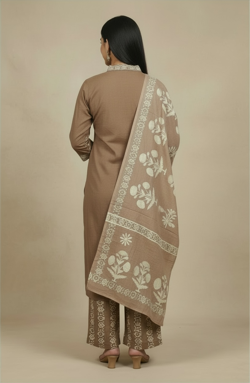 Premium Dabbu Cotton Printed Kurta Set with Dupatta – Earthy Brown Ethnic Wear for Women