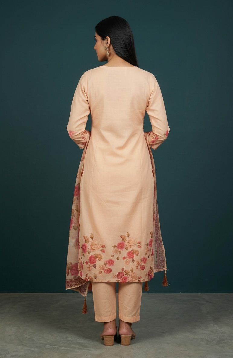 Premium Cotton Floral Printed Kurta Set with Dupatta and lining – Peach Ethnic Wear for Women