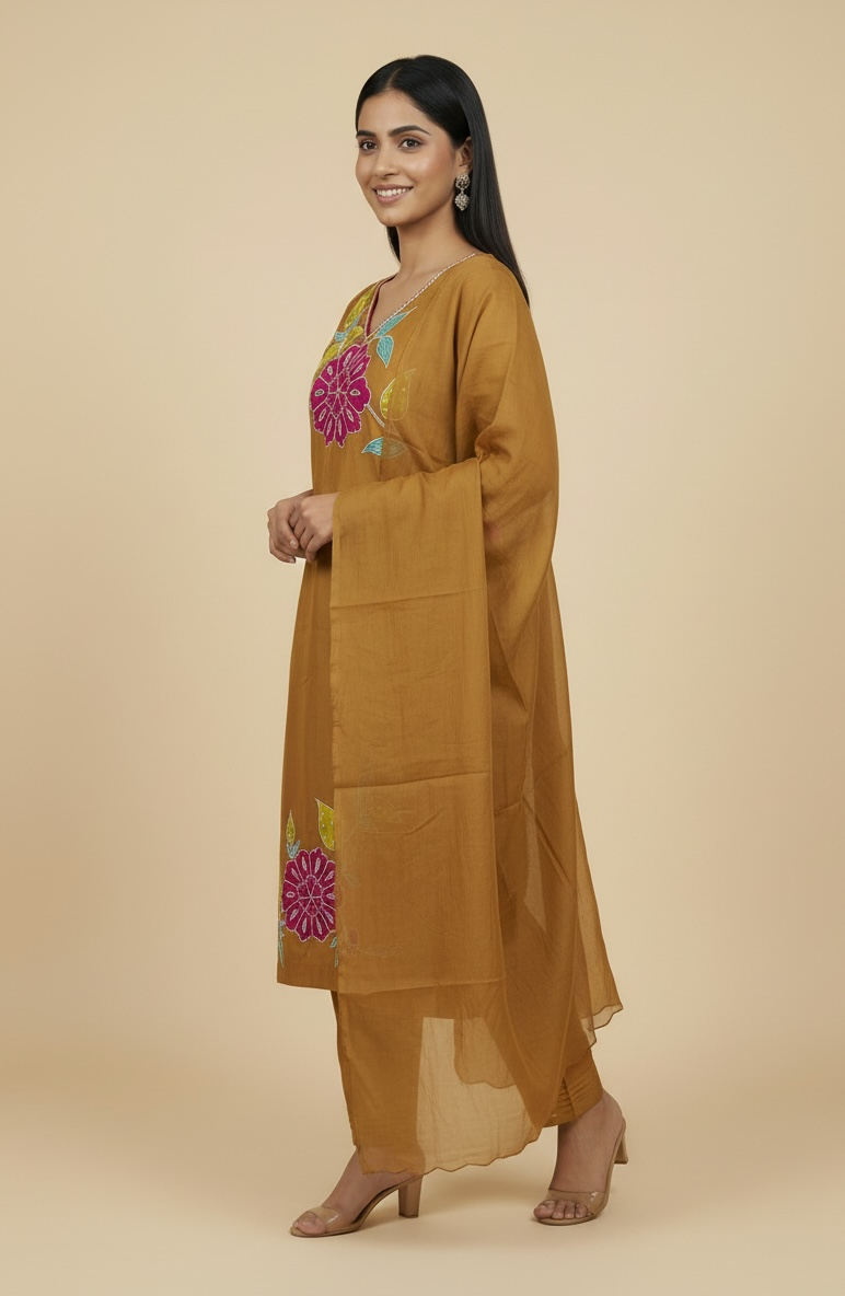 Pure Banarasi Mulchandri Silk Kurta Set with Dupatta and lining – Mustard Embroidered Ethnic Wear for Women