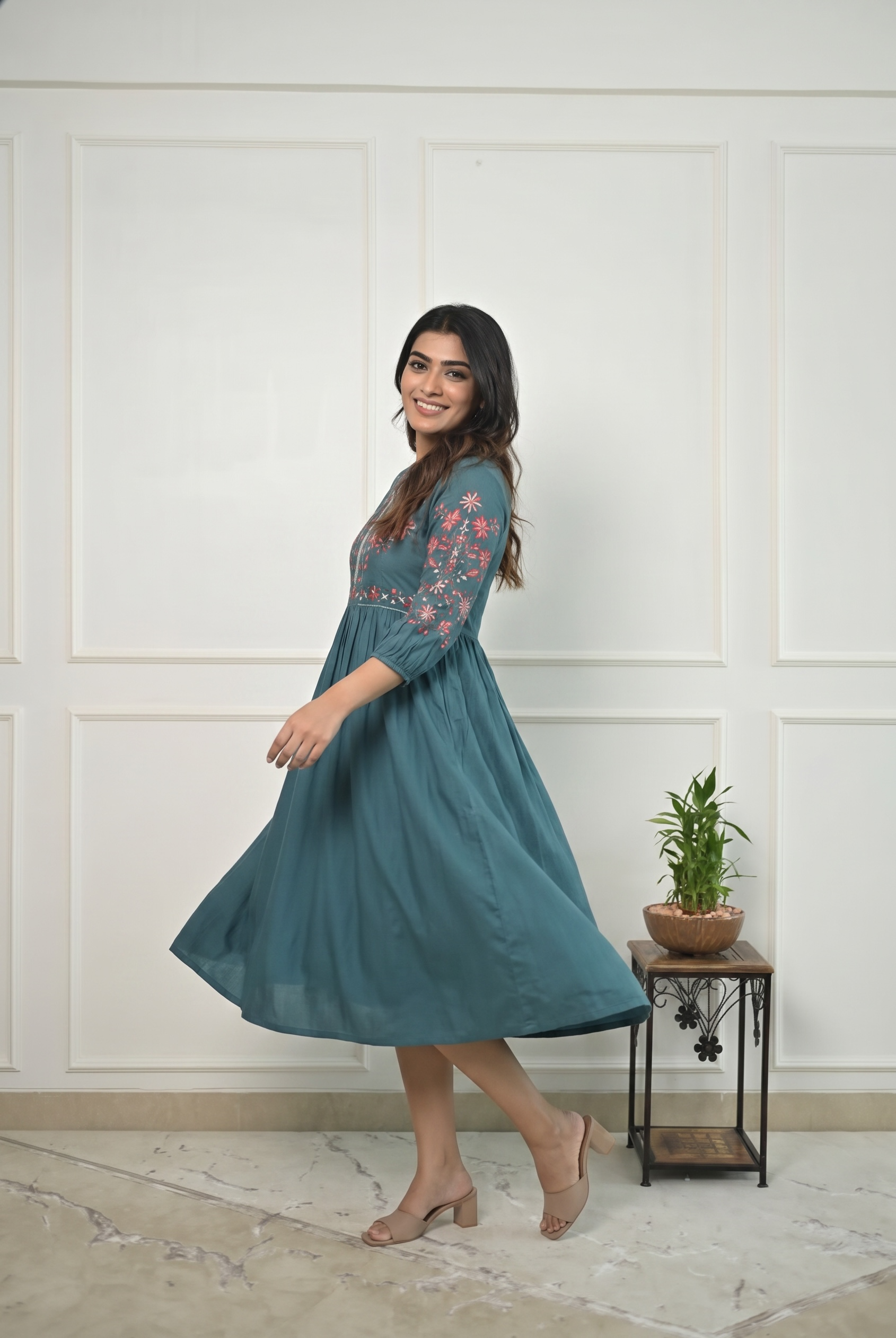 Rayon Western Dress with Thread Embroidery for Women