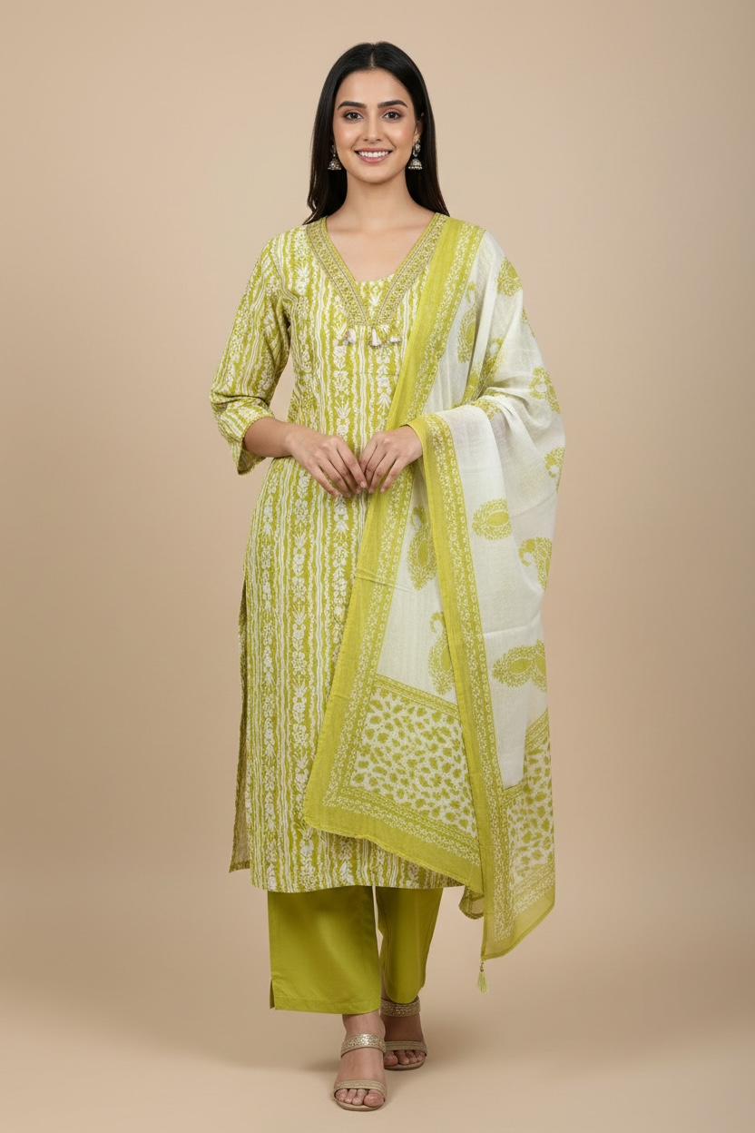 Green Floral Printed Kurti Set with Dupatta