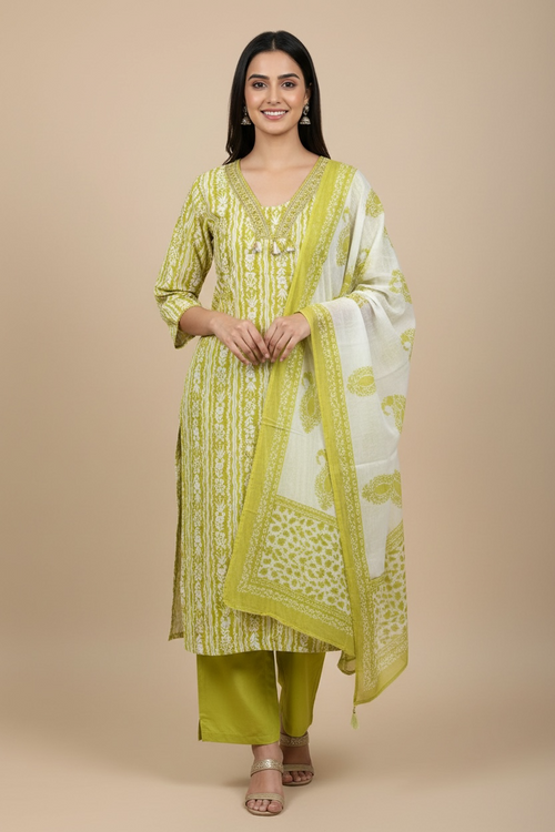 Green Floral Printed Kurti Set with Dupatta