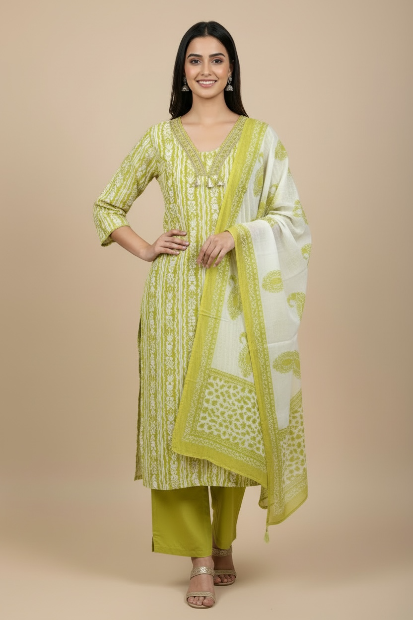 Green Floral Printed Kurti Set with Dupatta