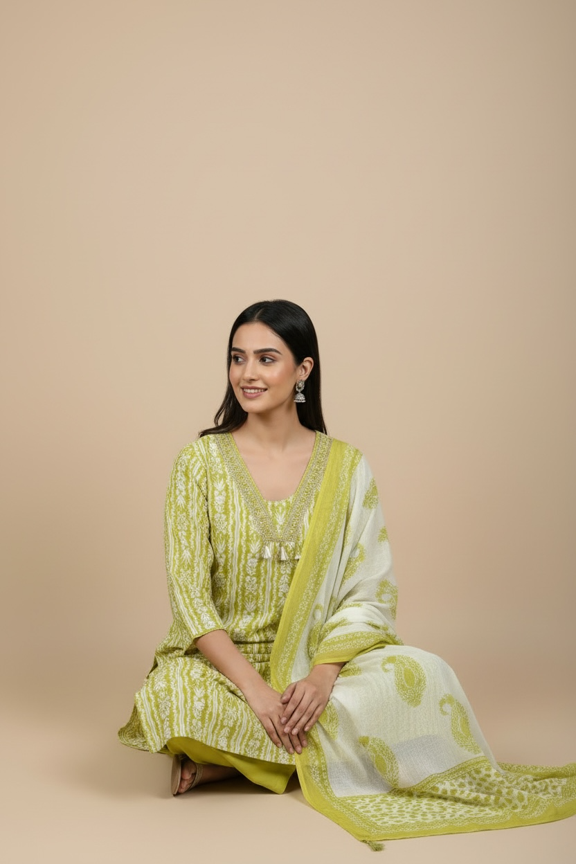 Green Floral Printed Kurti Set with Dupatta