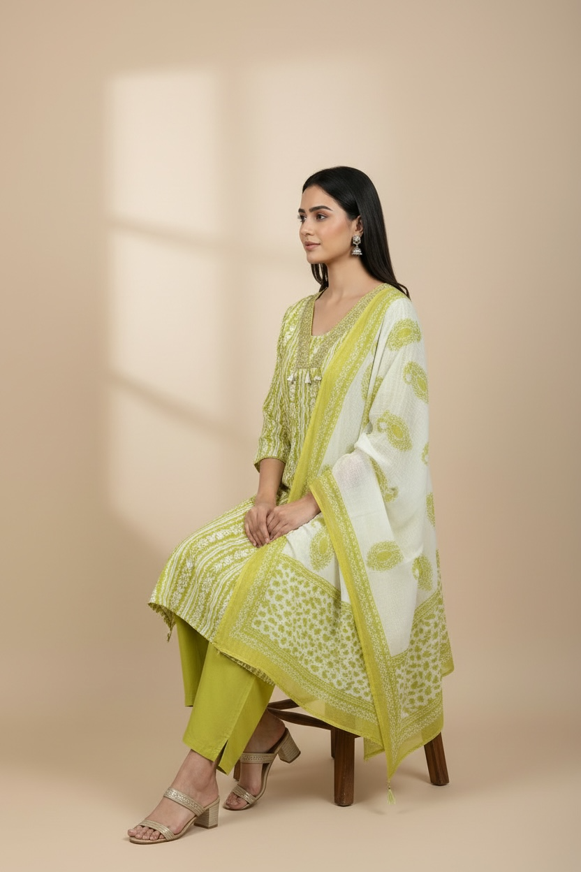 Green Floral Printed Kurti Set with Dupatta