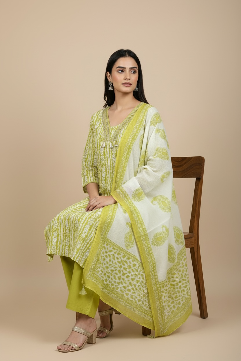 Green Floral Printed Kurti Set with Dupatta