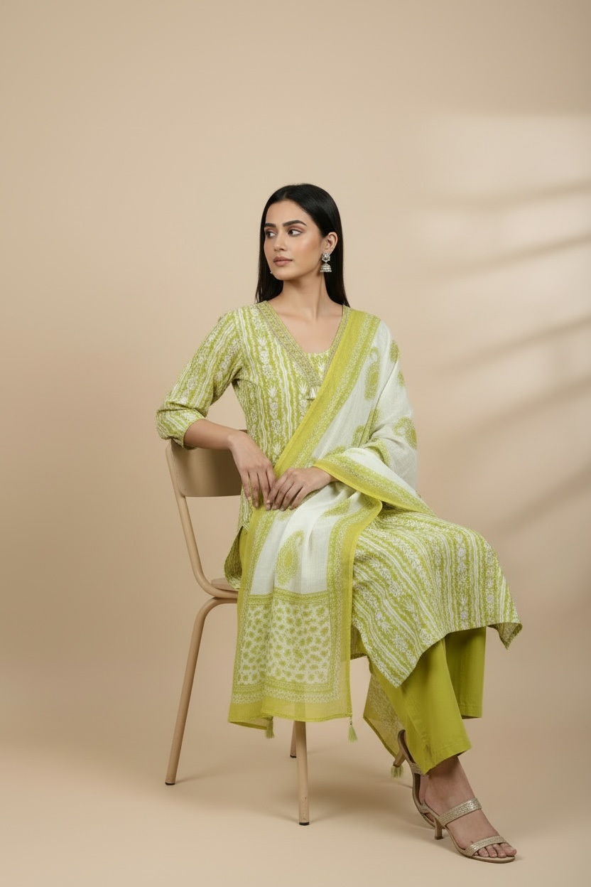 Green Floral Printed Kurti Set with Dupatta