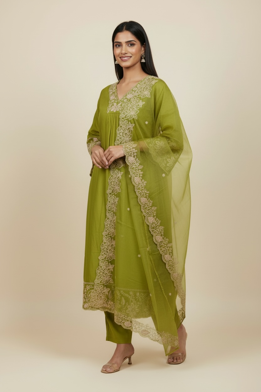 Olive Green Embroidered Kurti Set with Dupatta
