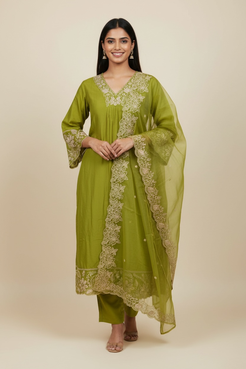 Olive Green Embroidered Kurti Set with Dupatta for Women | Kara Boutique