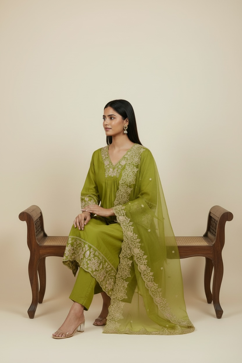 Olive Green Embroidered Kurti Set with Dupatta