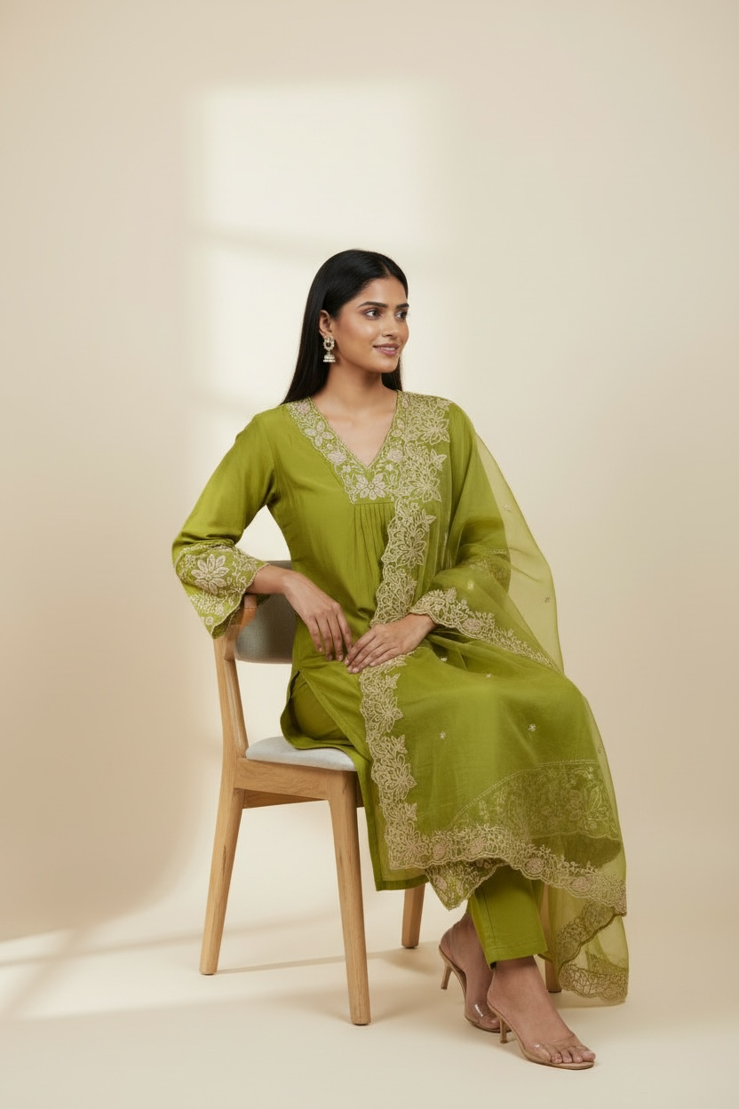Olive Green Embroidered Kurti Set with Dupatta