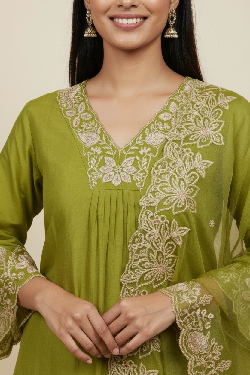 Olive Green Embroidered Kurti Set with Dupatta for Women | Kara Boutique