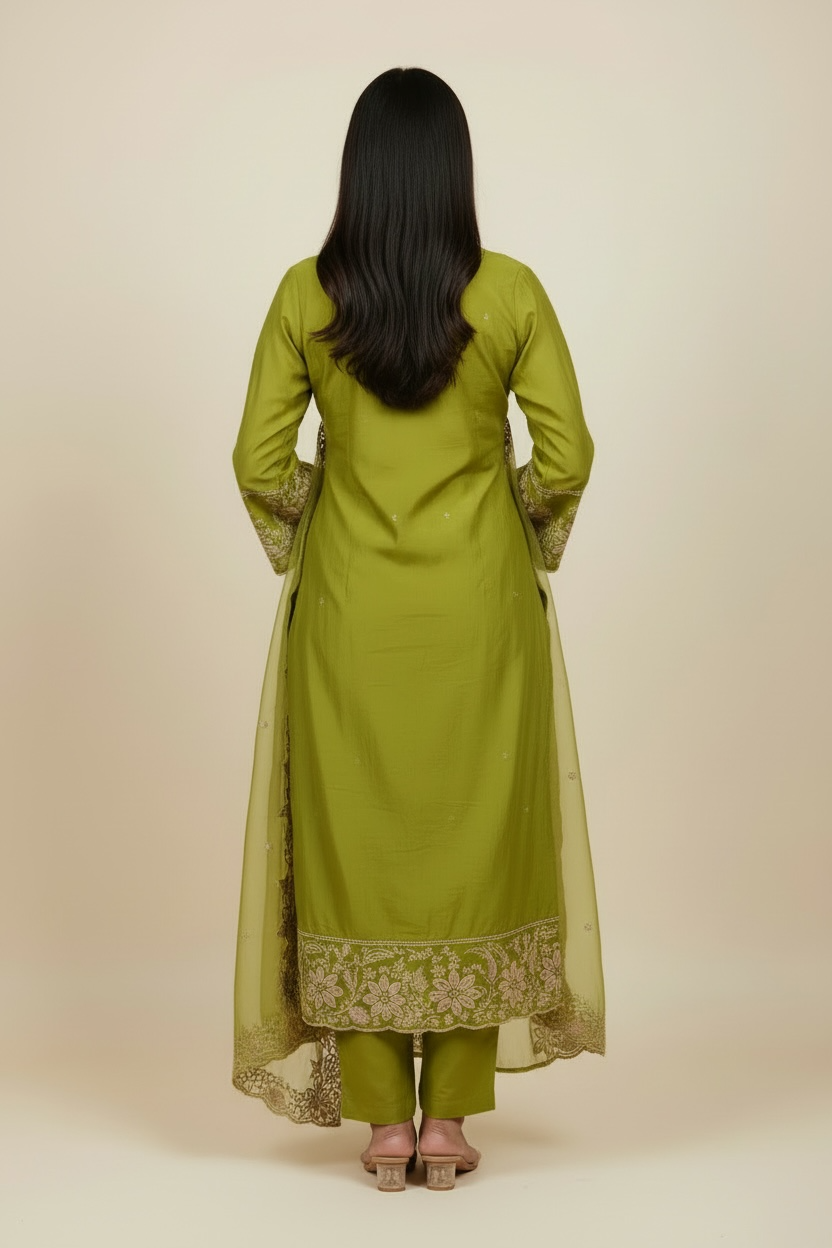 Olive Green Embroidered Kurti Set with Dupatta for Women | Kara Boutique