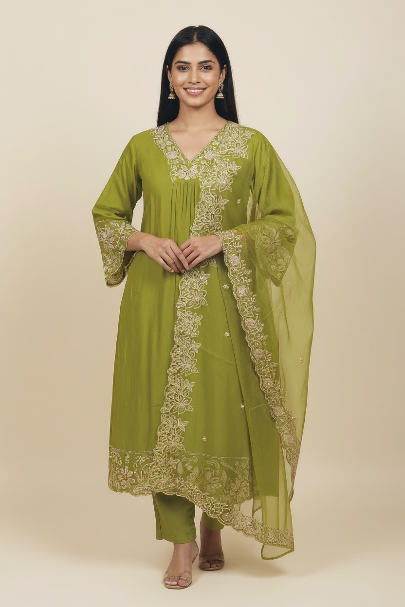 Olive Green Embroidered Kurti Set with Dupatta for Women | Kara Boutique