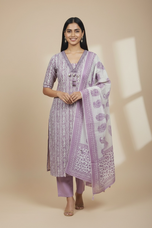 Lavender Mul Cotton Kurti Set with Dupatta