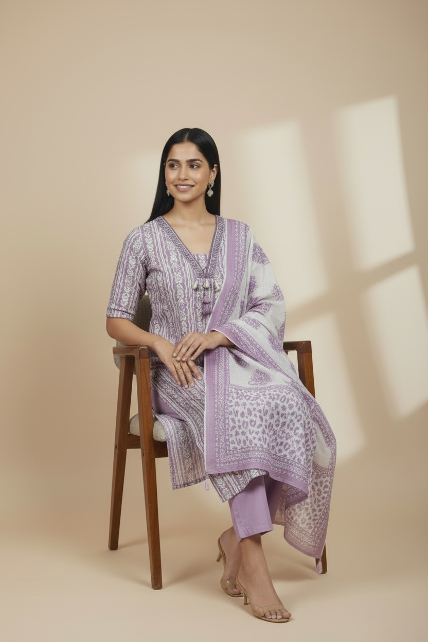 Lavender Mul Cotton Kurti Set with Dupatta