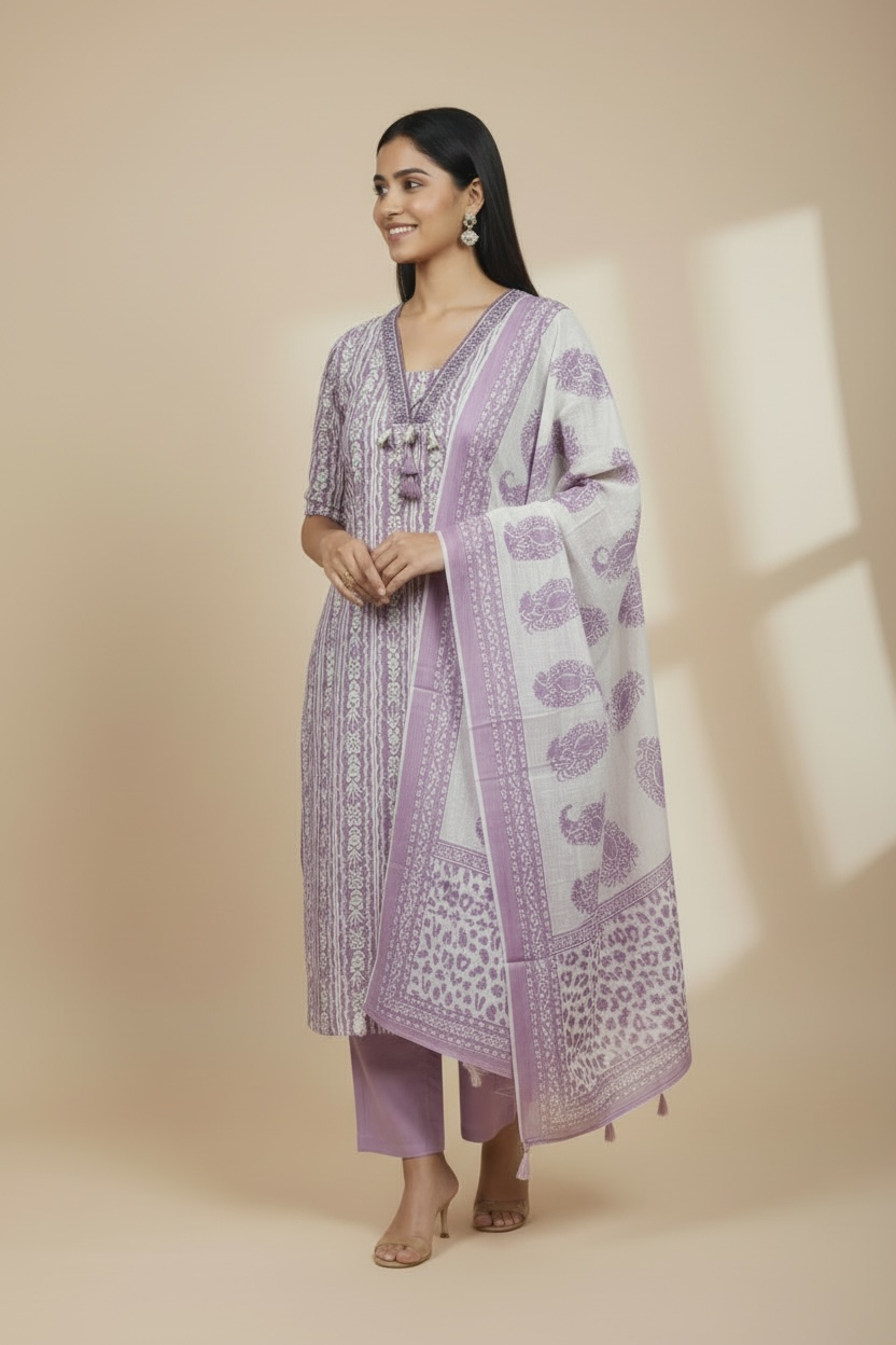 Lavender Mul Cotton Kurti Set with Dupatta