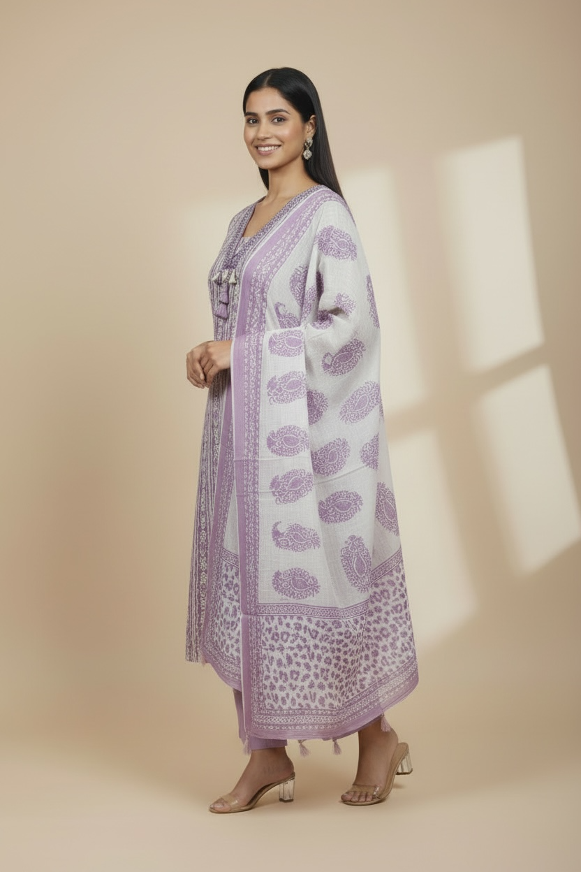 Lavender Mul Cotton Kurti Set with Dupatta