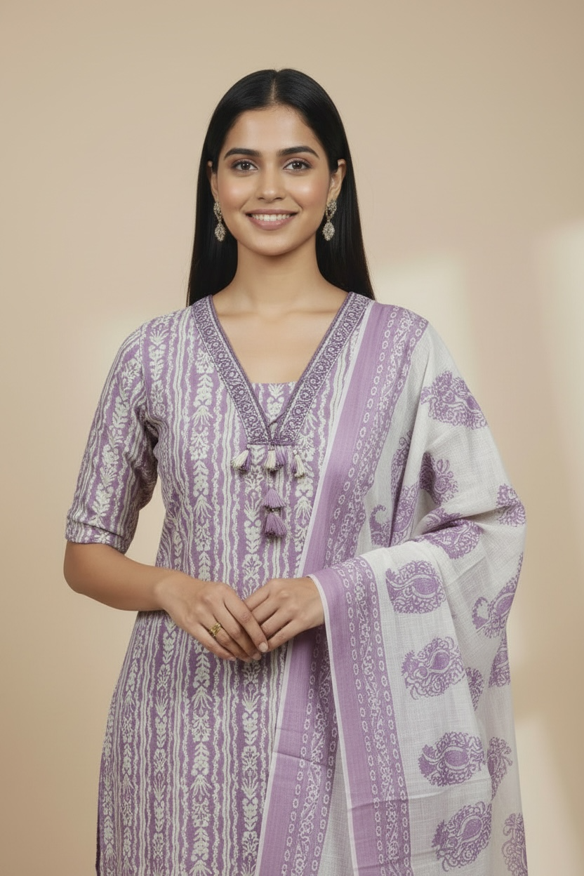Lavender Mul Cotton Kurti Set with Dupatta