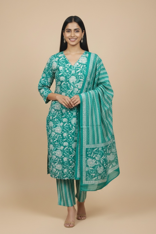 Lime Blue Pure Cotton Printed Kurti Set with Dupatta