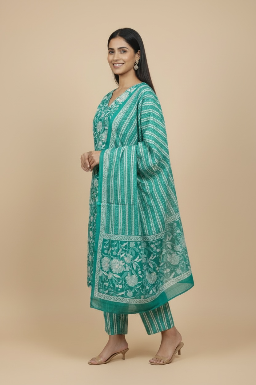 Lime Blue Pure Cotton Printed Kurti Set with Dupatta