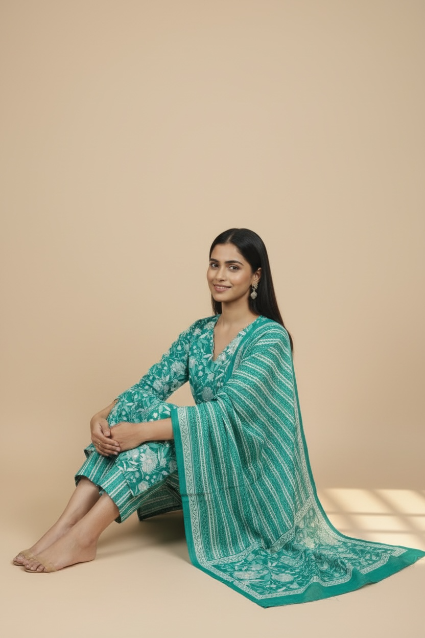 Lime Blue Pure Cotton Printed Kurti Set with Dupatta
