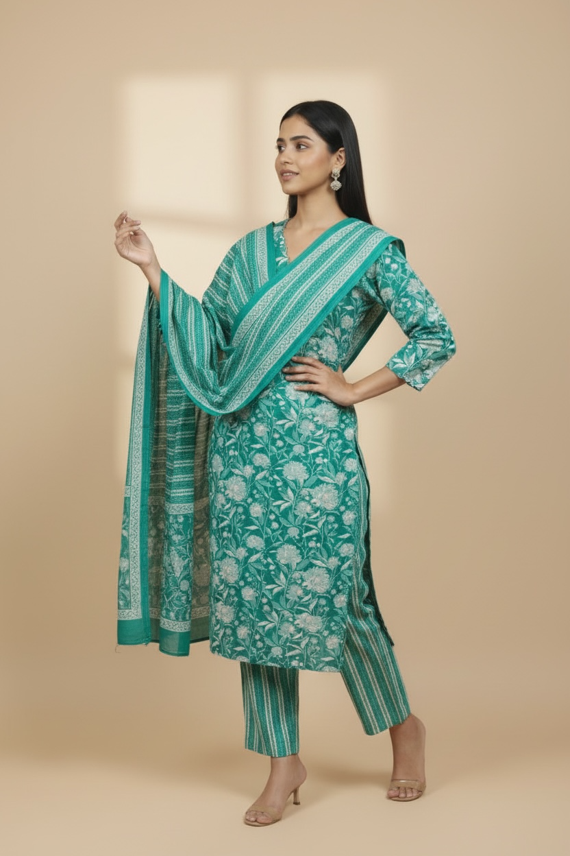 Lime Blue Pure Cotton Printed Kurti Set with Dupatta