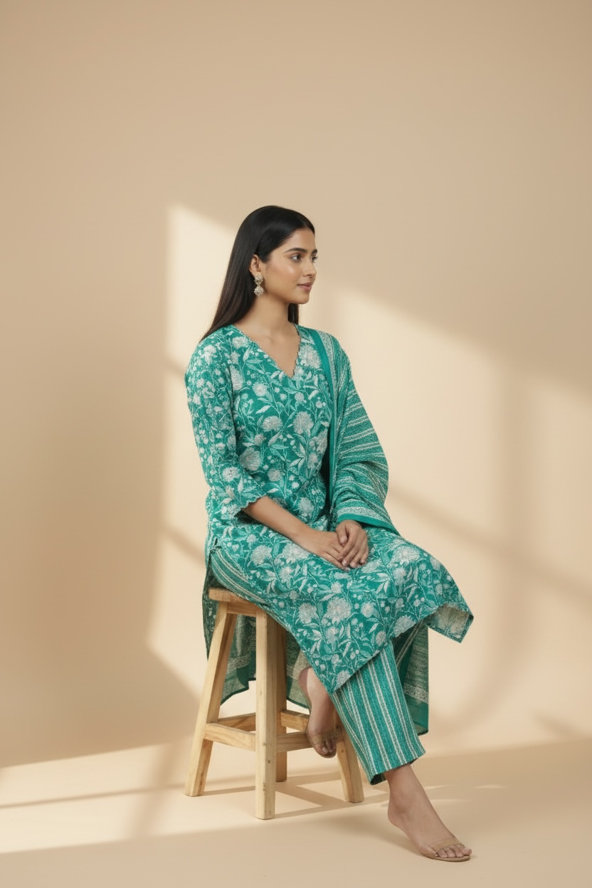 Lime Blue Pure Cotton Printed Kurti Set with Dupatta