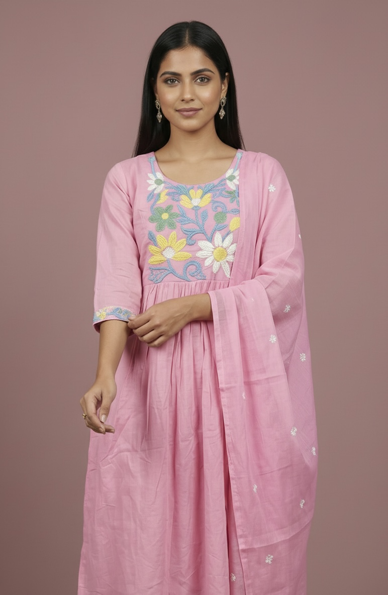 Premium Mul Cotton Embroidered Kurta Set with Dupatta with lining – Soft Pink Floral Ethnic Wear for Women