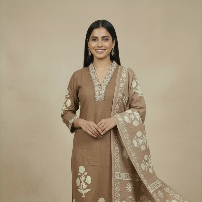 Premium Dabbu Cotton Printed Kurta Set with Dupatta – Earthy Brown Ethnic Wear for Women