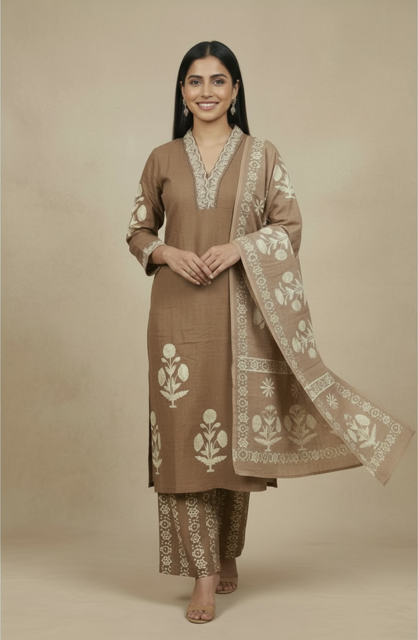 Premium Dabbu Cotton Printed Kurta Set with Dupatta – Earthy Brown Ethnic Wear for Women