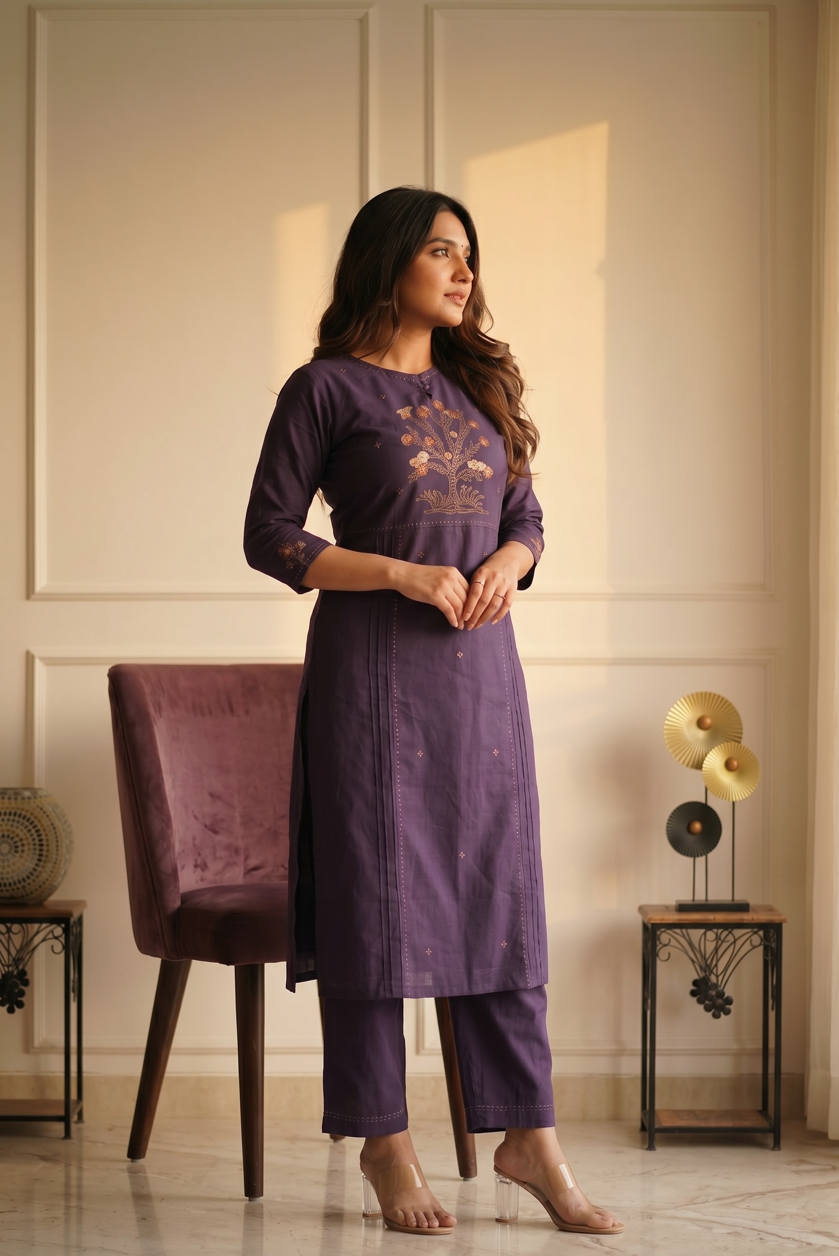 Deep Purple Cotton Embroidered Kurta Pant Set for Women
