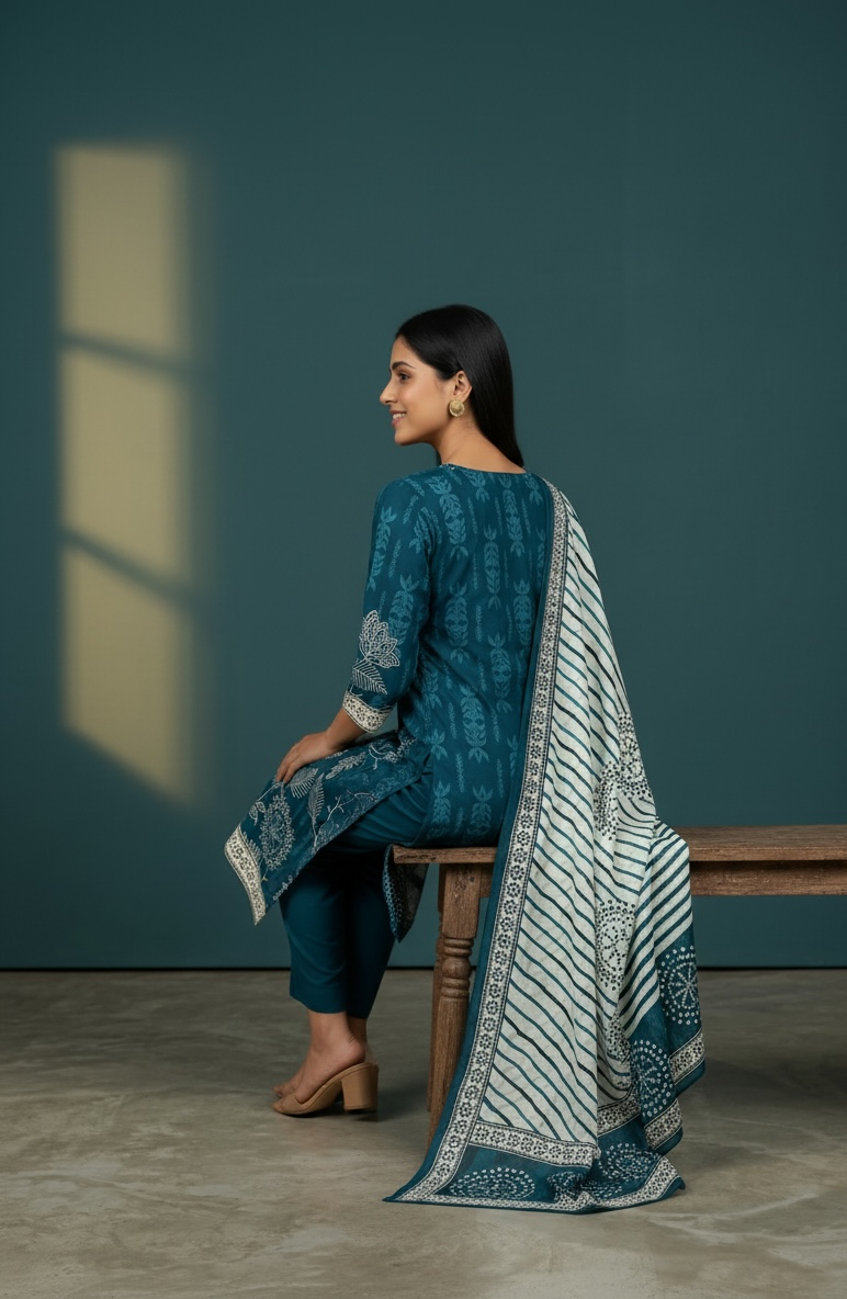Premium Cotton Printed Kurta Set with Dupatta – Teal Blue Floral Ethnic Wear for Women