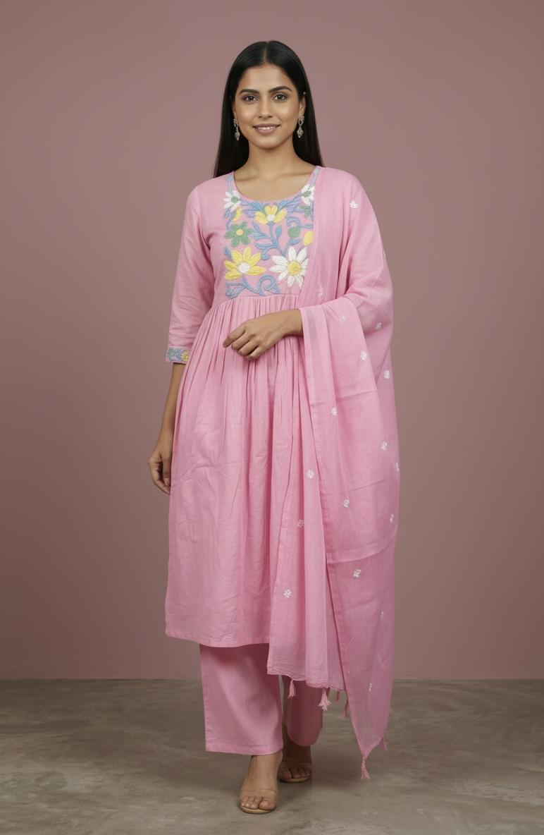Premium Mul Cotton Embroidered Kurta Set with Dupatta with lining – Soft Pink Floral Ethnic Wear for Women