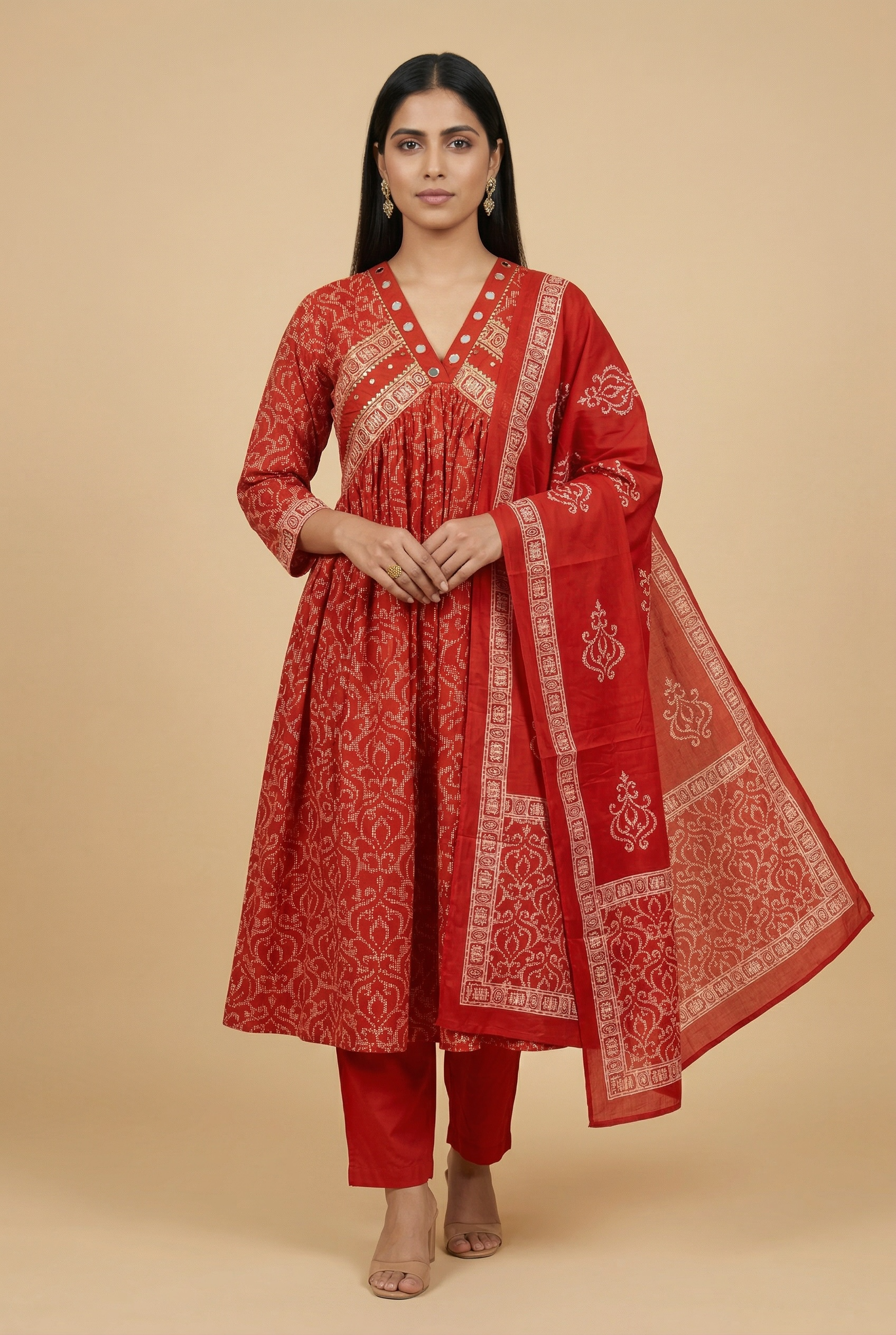 Premium Cotton Printed Anarkali Kurta Set with Dupatta – Red Ethnic Wear for Women