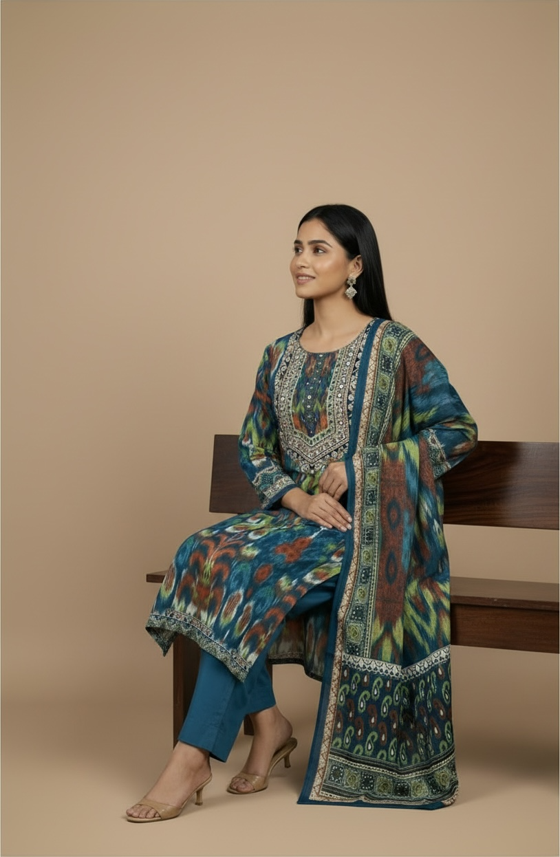 Teal Blue Multicolour Ikat Print Premium Cotton Kurti Set with Dupatta